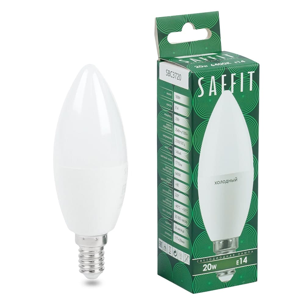 Лампа светодиодная SAFFIT SBC3720 Свеча E14 20W 230V 6400K