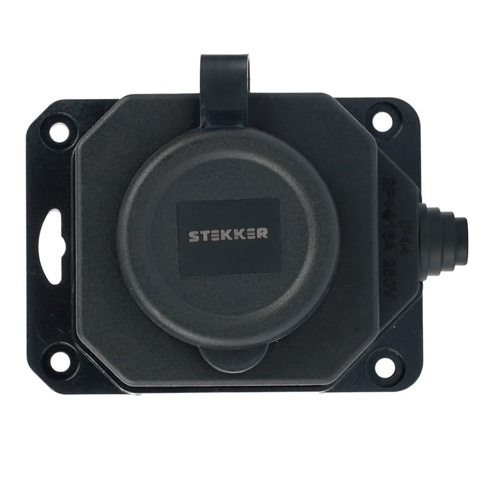 Розетка переносная 1-местная c/з STEKKER, RST16-1-44, 250В, 16А, IP44, черный 