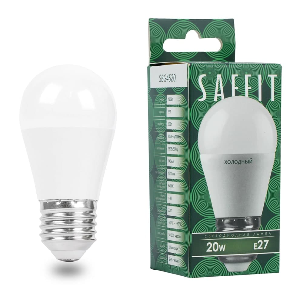 Лампа светодиодная SAFFIT SBG4520 Шарик E27 20W 230V 6400K